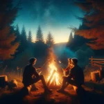 DALL·E 2024 02 21 16.45.11 An enchanting 19 6 wide photo capturing three people sitting around a crackling campfire in a serene forested setting during the evening. The soft gl